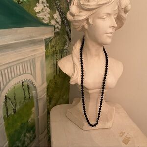 VINTAGE 30” MONET 1970s BLACK GLASS KNOTTED BEAD NECKLACE